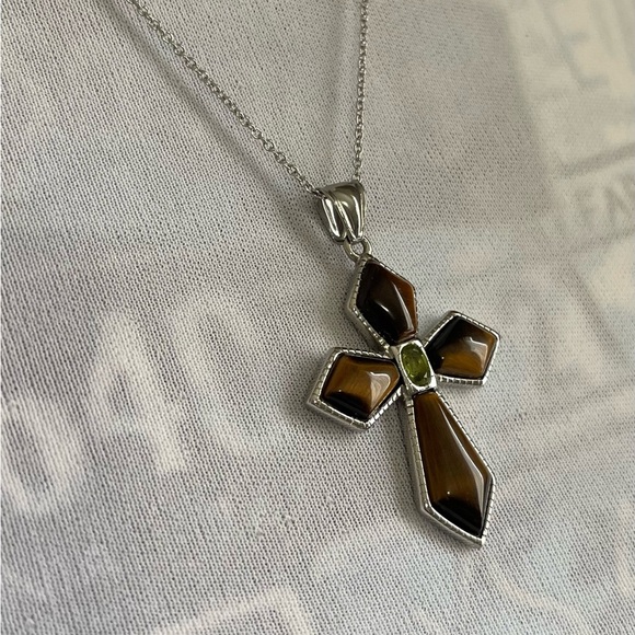 NEW Stainless Steel Necklace with Yellow Tiger Eye Peridot Cross Pendant - Picture 5 of 7